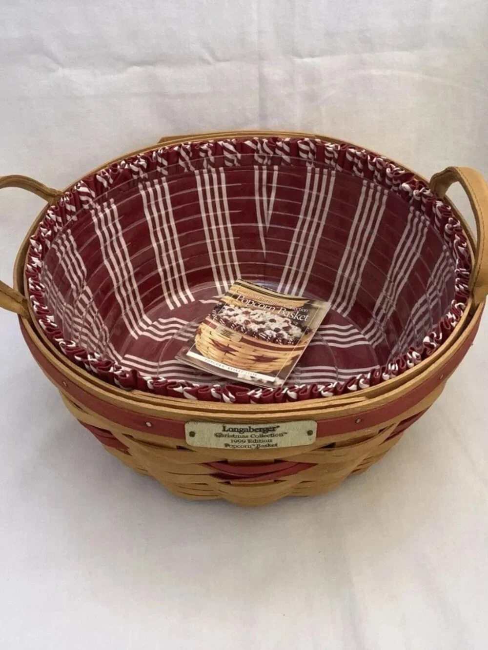 Longaberger Christmas Popcorn Basket 1999 W/ Liner & Protector & Leather Handles